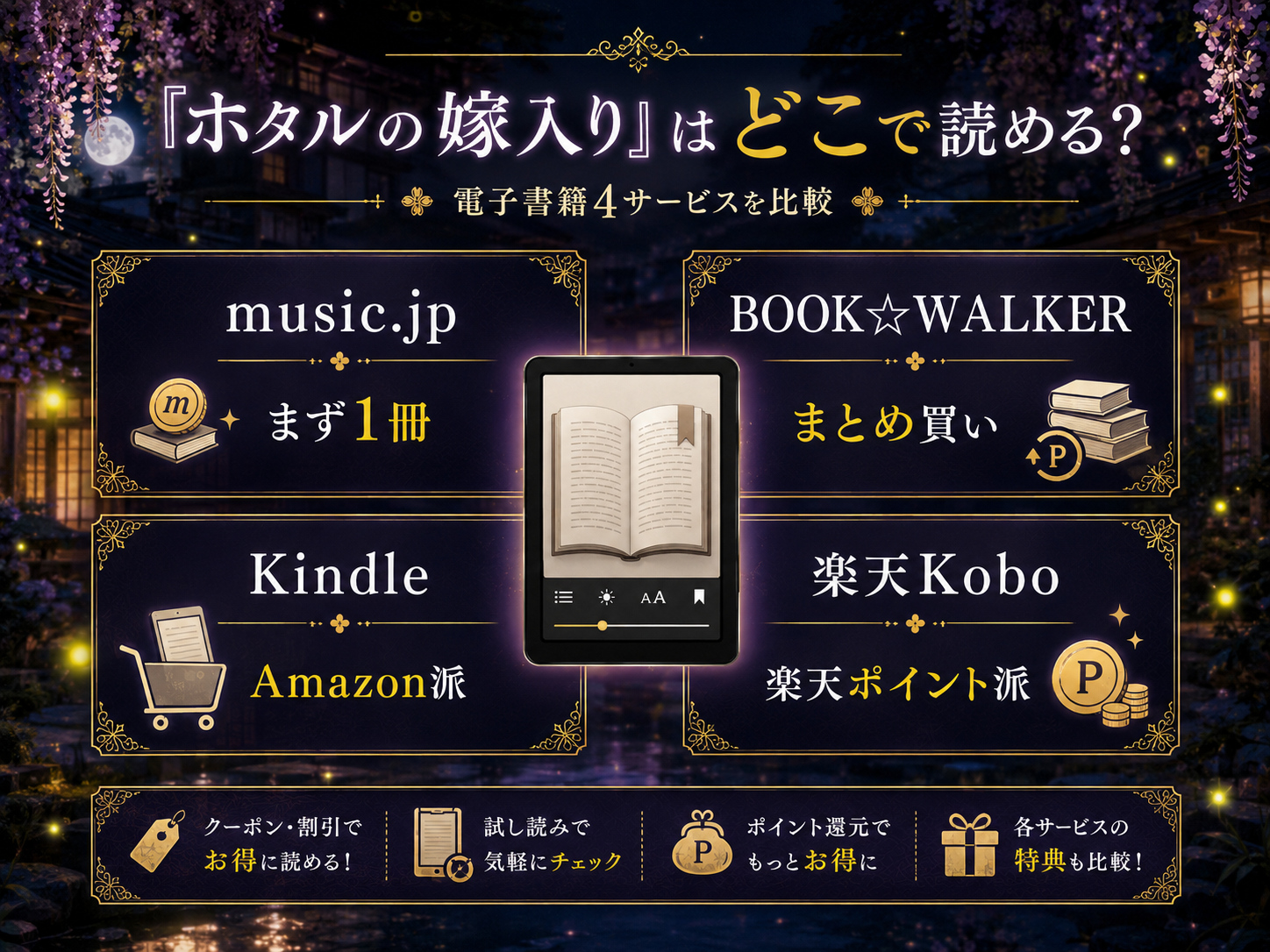 『ホタルの嫁入り』を読めるmusic.jp・BOOK☆WALKER・Kindle・楽天Koboの比較