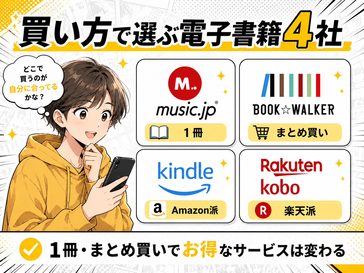 漫画を電子書籍で買う場合のmusic.jp・BOOK☆WALKER・Kindle・楽天Koboの選び方比較
