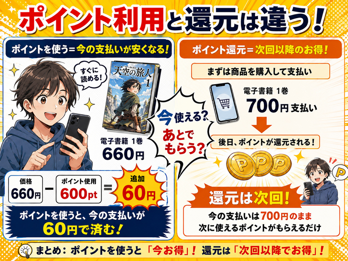 漫画購入でポイントを今使う場合と購入後に還元される場合の違い