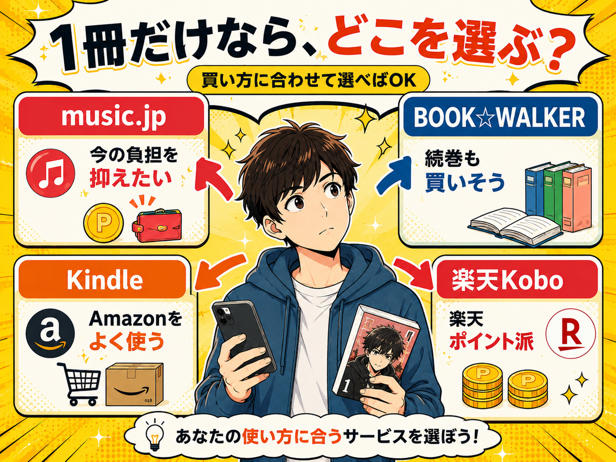 漫画を1冊だけ買う場合のmusic.jp・BOOK☆WALKER・Kindle・楽天Koboの選び方