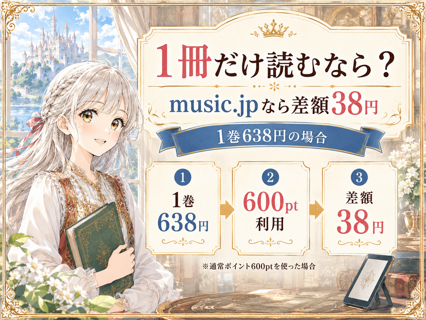 『マロニエ王国の七人の騎士』1巻638円にmusic.jpの600ポイントを使うと差額38円