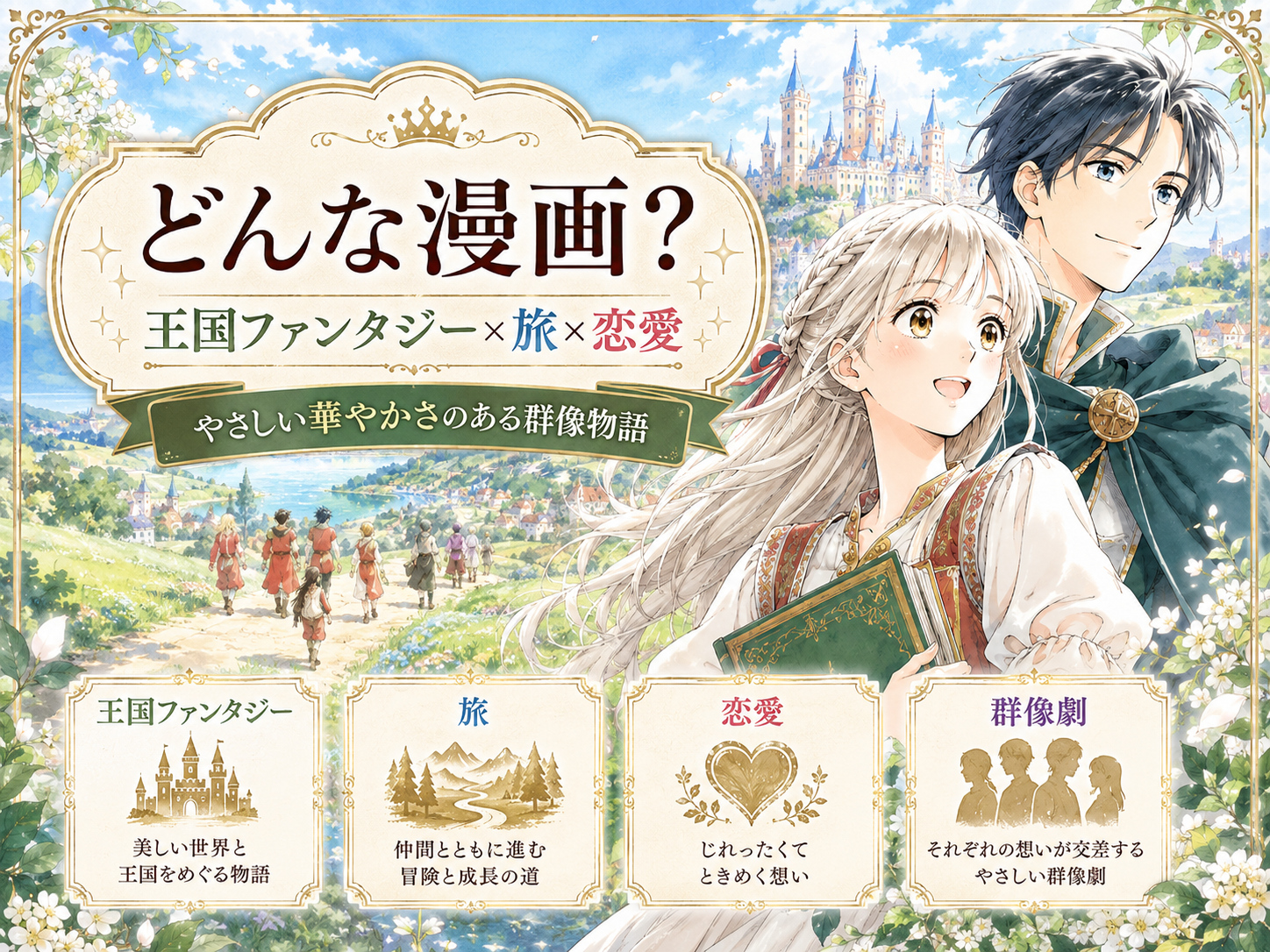 『マロニエ王国の七人の騎士』の王国ファンタジー・旅・恋愛・群像劇をイメージした画像